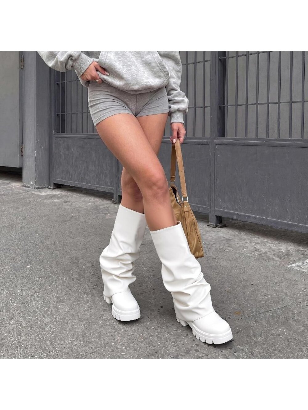 Women's White Platform Fold Over Slouch Mid Calf Fashion Y2K Knee High Boots - Picture 3 of 7